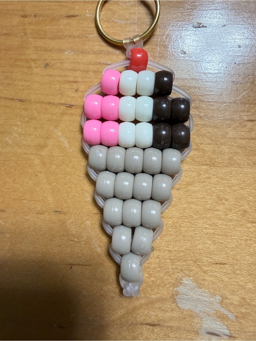 Beaded Ice Cream Cone Keychain - Pink, White, Brown